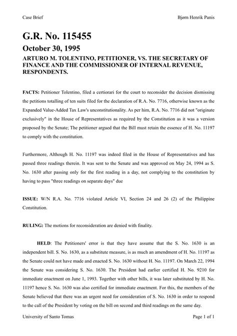 g.r. no. 115455 case digest|arturo m. tolentino v. secretary of finance .